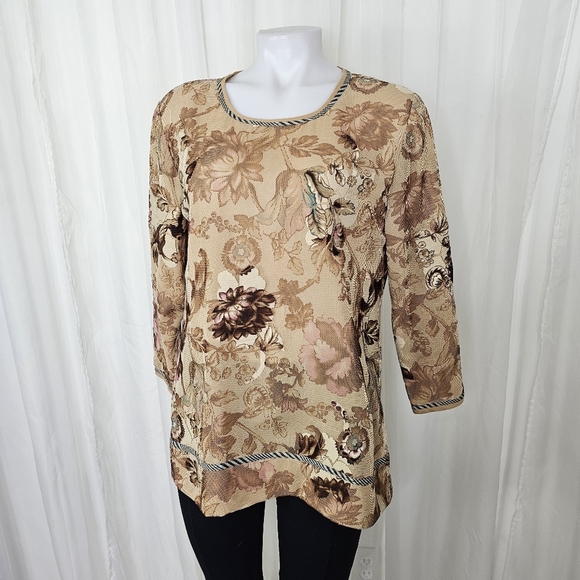 Koos Brown Floral Mesh Layer Long Sleeve Top Large - Picture 1 of 8